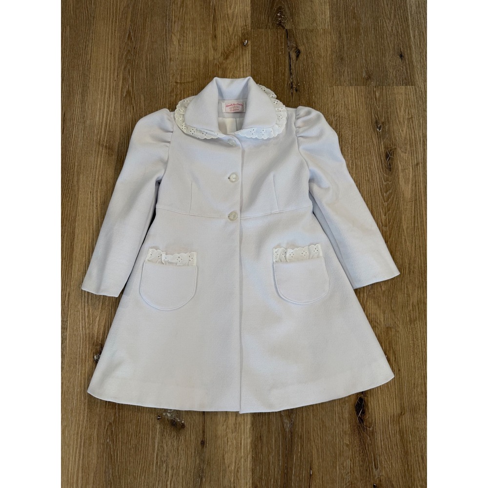 Eyelet Lace Trim Dress Coat Kids Sz 4 White A-Line Formal Outerwear Handmade